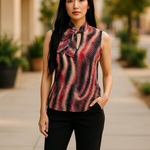 BLACK LABEL EVAN -PICONE SLEEVELESS V-NECK TIE SASH BUSINESS DRESSY BLOUSE SZ M